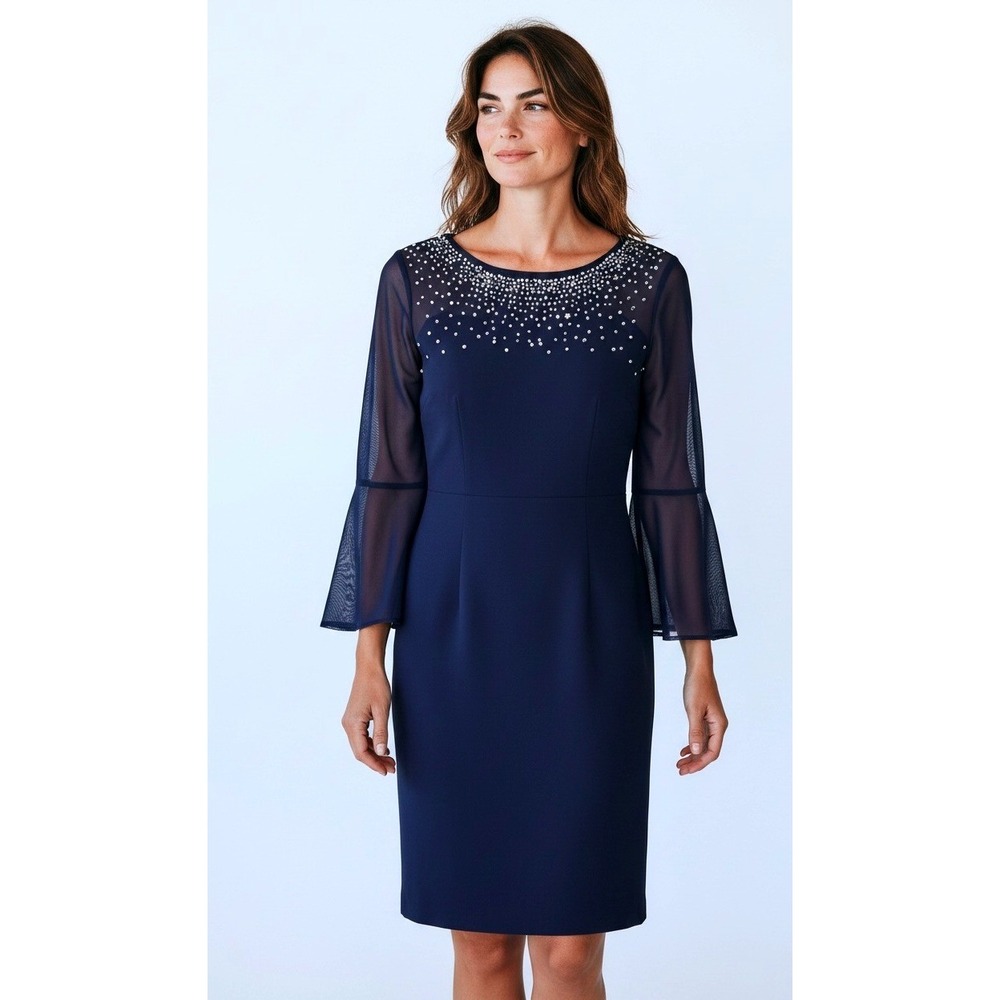 Alex Evenings Womens Navy Sheath Embellished Mesh Bell Sleeve Dress SZ 6 NEW
